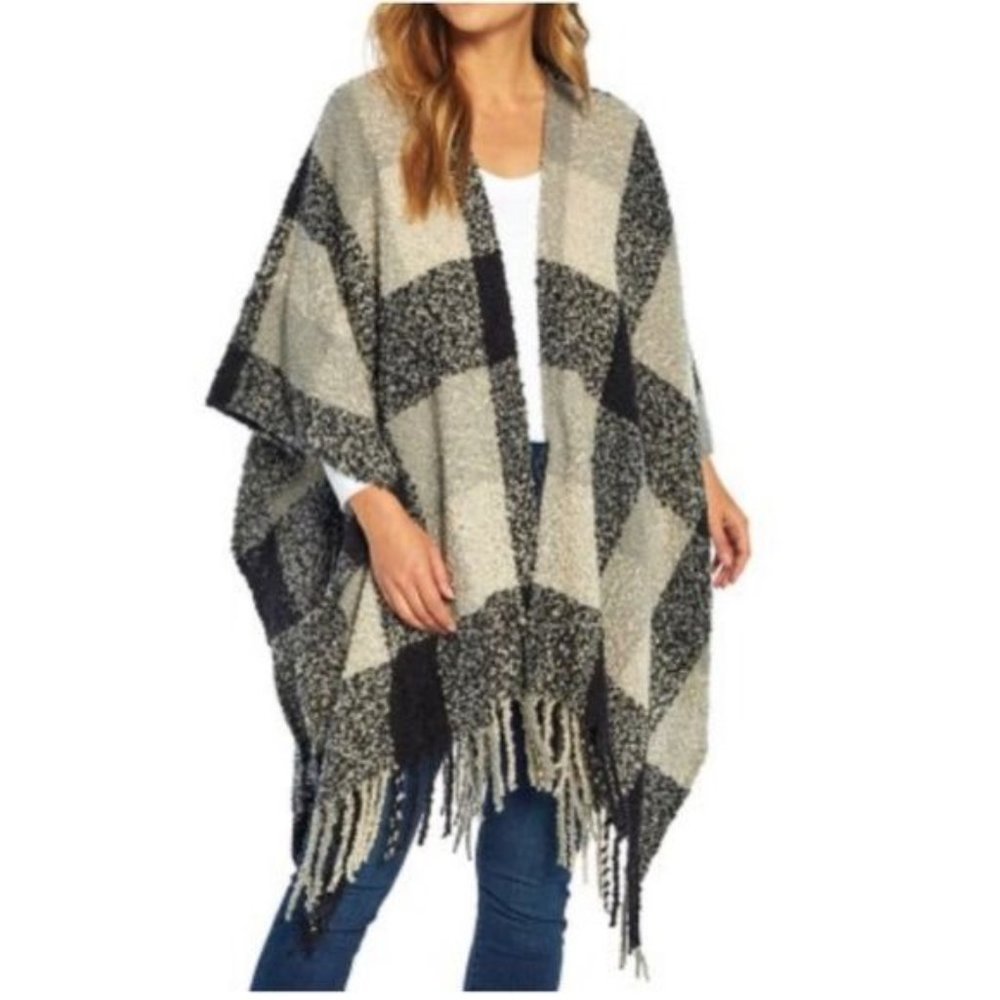 Woolrich OS Black Gray Plaid Blanket Shawl Wrap AMELIA Cozy Layers Fringe‎